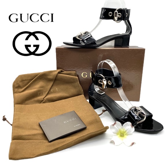 LIKE NEW Gucci Sand Pelle S Cuoio Vitello Vernice Soft Nero Sandals, 37 / 7 - Picture 2 of 16
